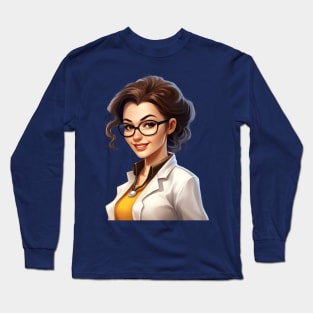 Cartoon Style Portrait - Woman Doctor/Scientist/Lab Worker Long Sleeve T-Shirt